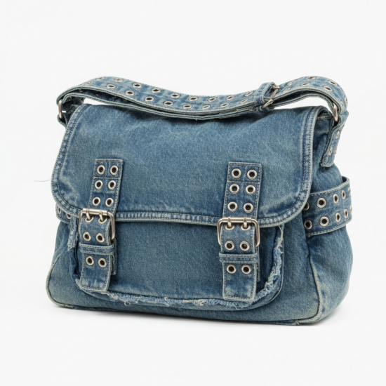 Vintage Washed Denims Shoulder Bag for Women Punk Eyelets Buckled Crossbody Bag